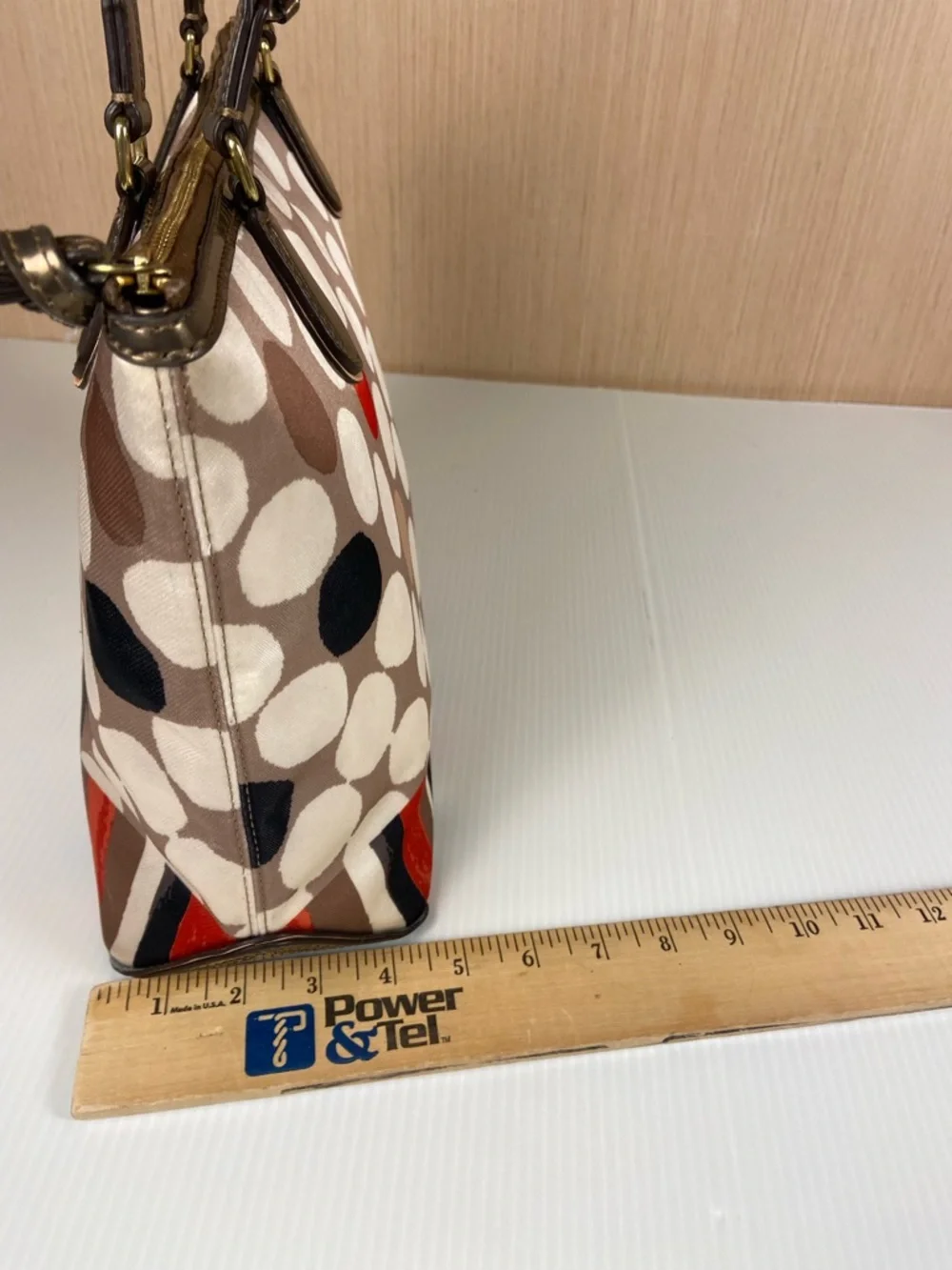 Coach Polka Dot Stripe Tote Satin Scarf Print Leather Trim Red Lining Rare - Picture 5 of 16